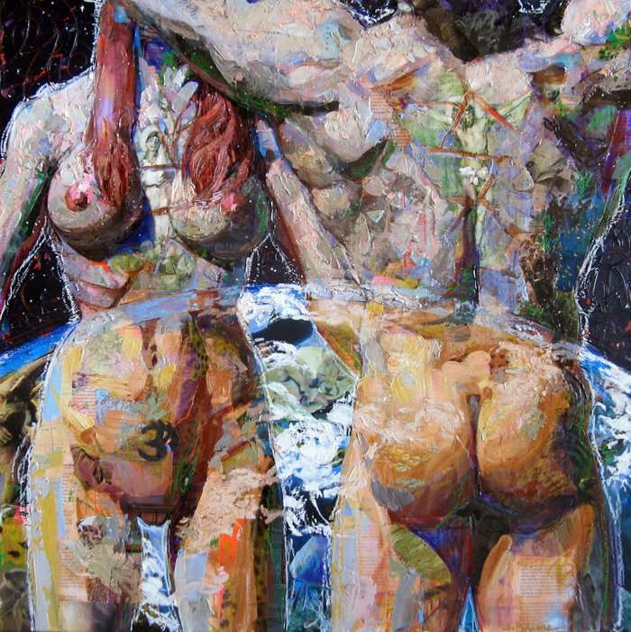 Adam and Eve Together, mixed media painting by Sandy Parsons